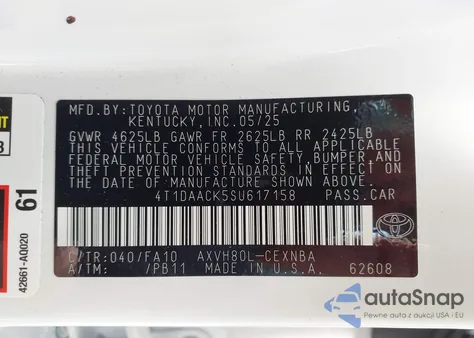 2025 Toyota Camry Le from USA, damaged, VIN 4T1DAACK5SU617158